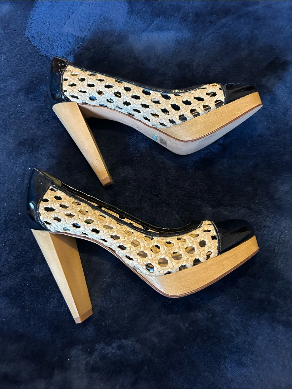 Cole Haan Black Patent and Natural Woven Platform Heels
